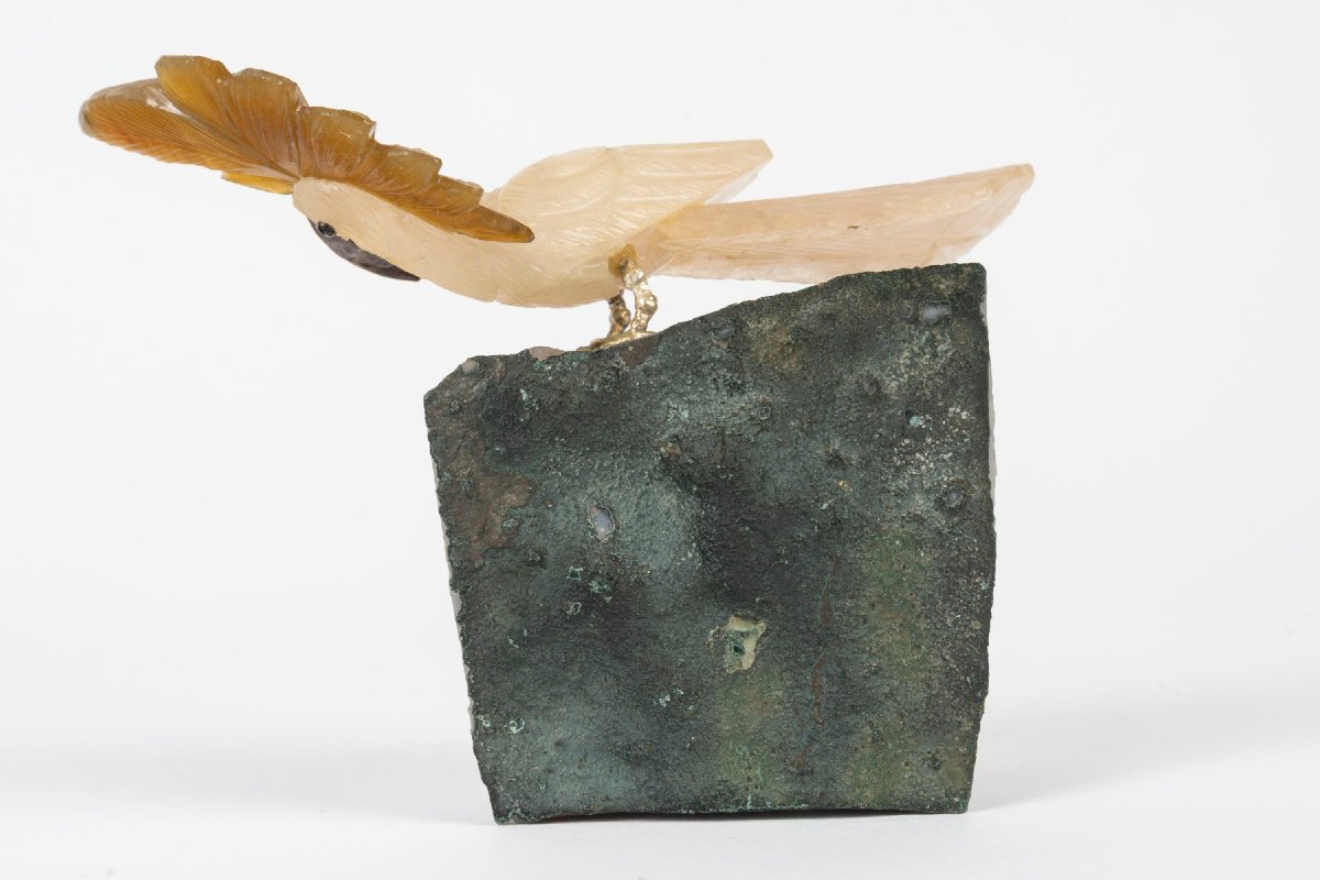 Miniature Parrot Sculpture Carved From Hardstone On An Amethyst Base, 20th Century-photo-2