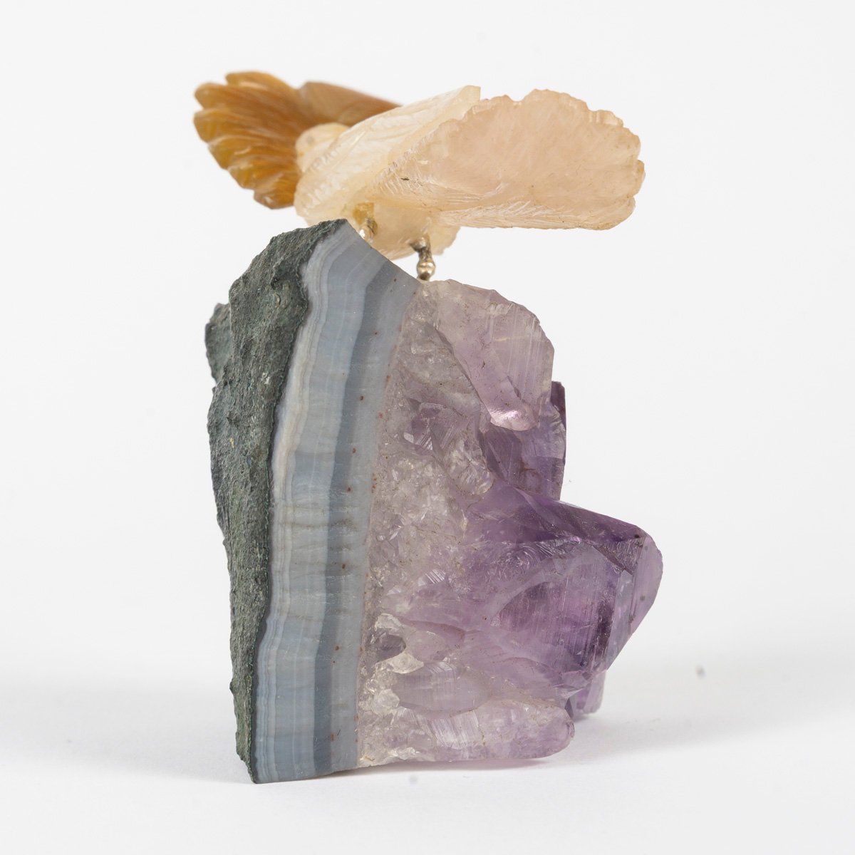 Miniature Parrot Sculpture Carved From Hardstone On An Amethyst Base, 20th Century-photo-3