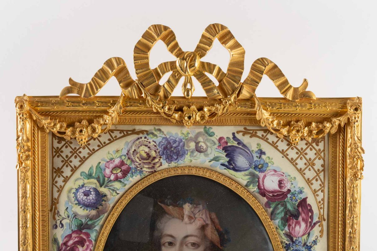 Large Enamelled Frame In Gilt Bronze With Floral Decor, With An Elegant Decor. Napoleon III Period-photo-3