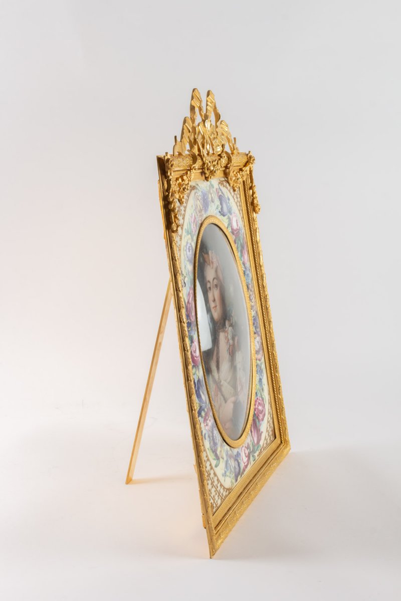 Large Enamelled Frame In Gilt Bronze With Floral Decor, With An Elegant Decor. Napoleon III Period-photo-4