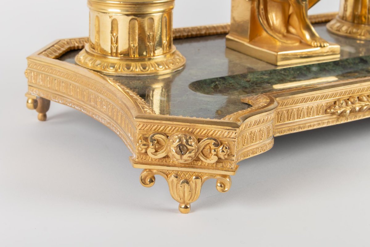 Inkwell In Gilt Bronze And Green Marble Representing The Thinker After Michelangelo-photo-1