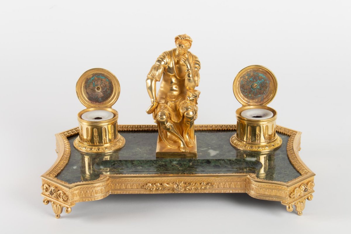 Inkwell In Gilt Bronze And Green Marble Representing The Thinker After Michelangelo-photo-2