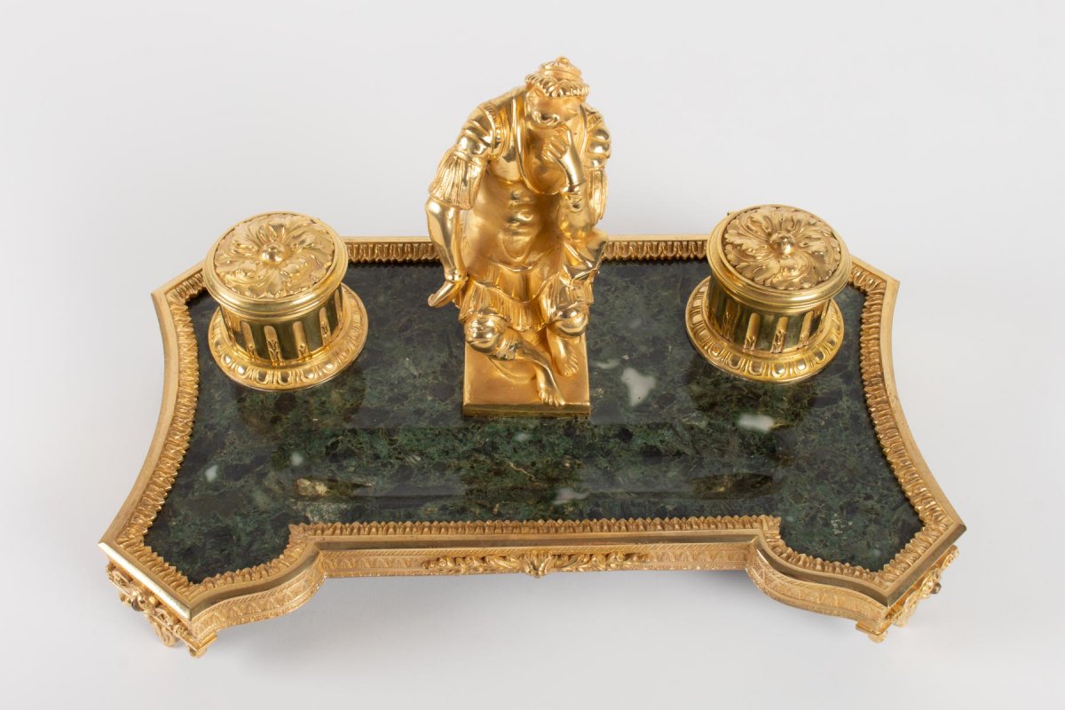 Inkwell In Gilt Bronze And Green Marble Representing The Thinker After Michelangelo-photo-3