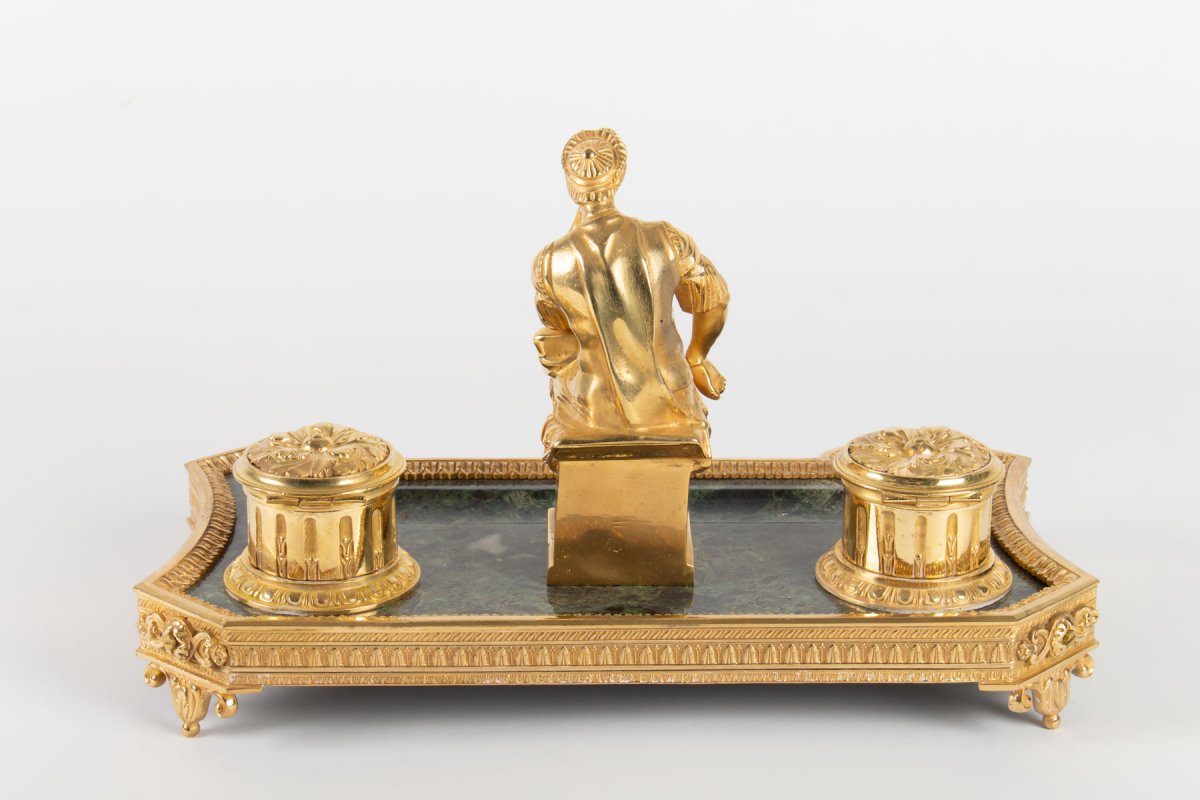 Inkwell In Gilt Bronze And Green Marble Representing The Thinker After Michelangelo-photo-4