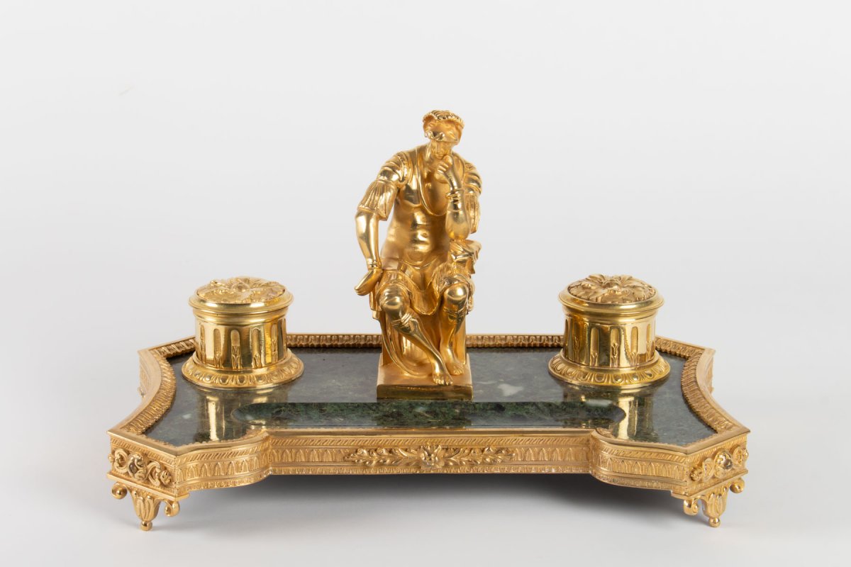 Inkwell In Gilt Bronze And Green Marble Representing The Thinker After Michelangelo