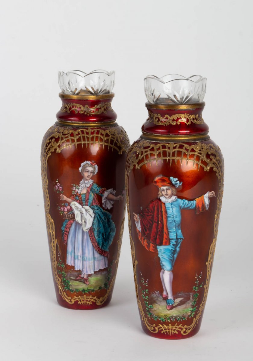 Pair Of Small Enamel Vases-photo-2