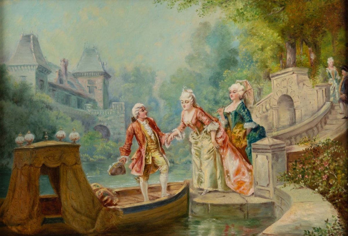 Beau tableau huile Sur Toile Scène Romantique XIXème Siècle -photo-2