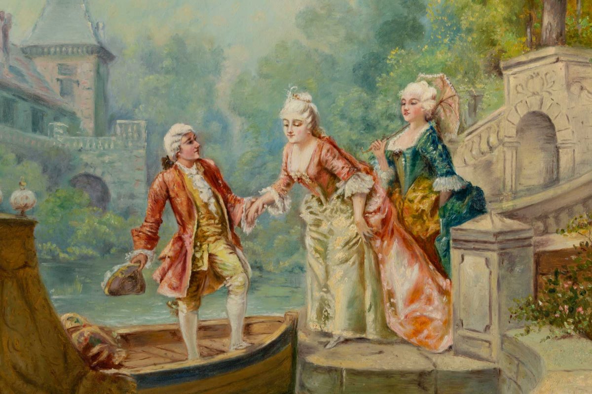 Beau tableau huile Sur Toile Scène Romantique XIXème Siècle -photo-3