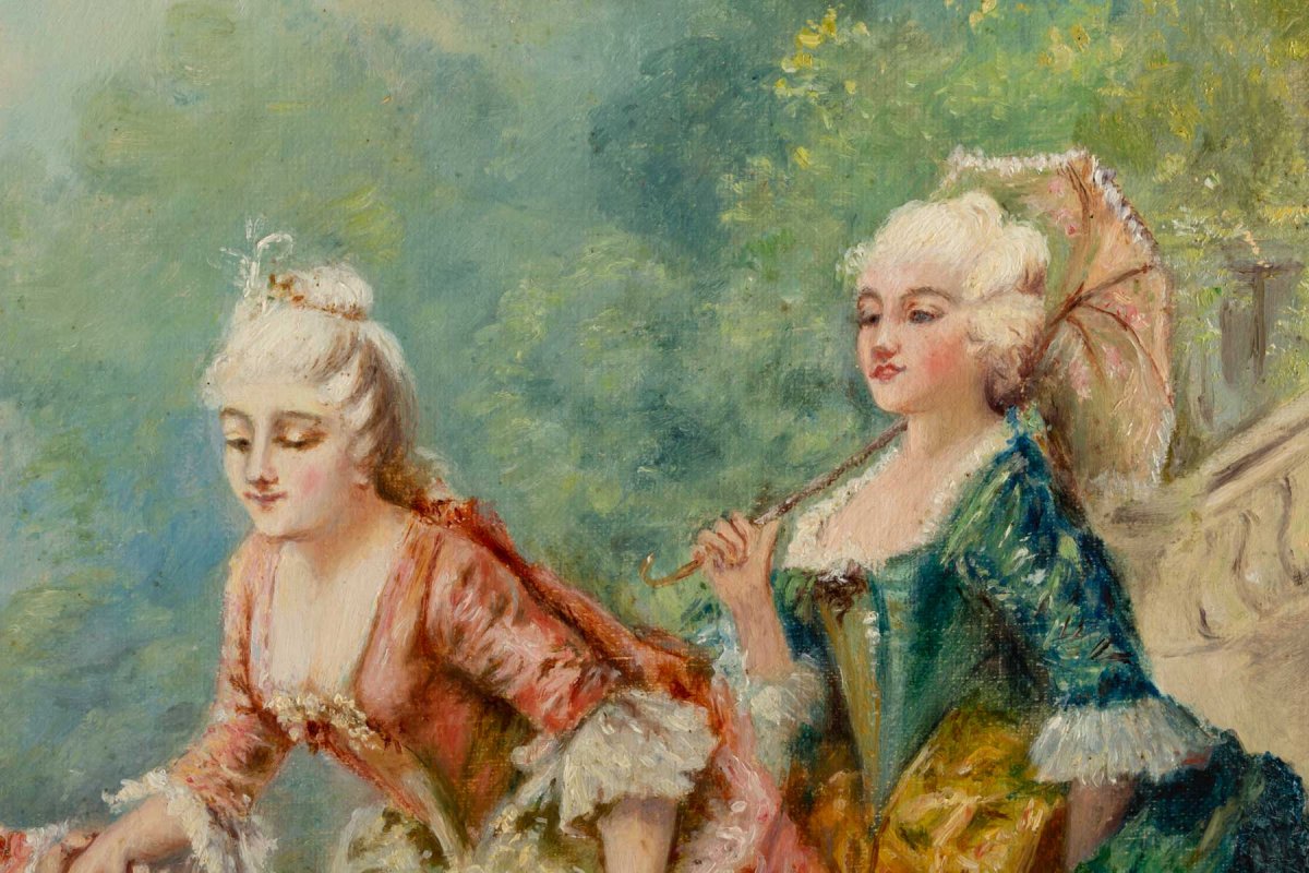 Beau tableau huile Sur Toile Scène Romantique XIXème Siècle -photo-2