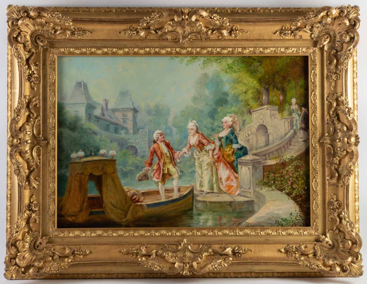 Beau tableau huile Sur Toile Scène Romantique XIXème Siècle 