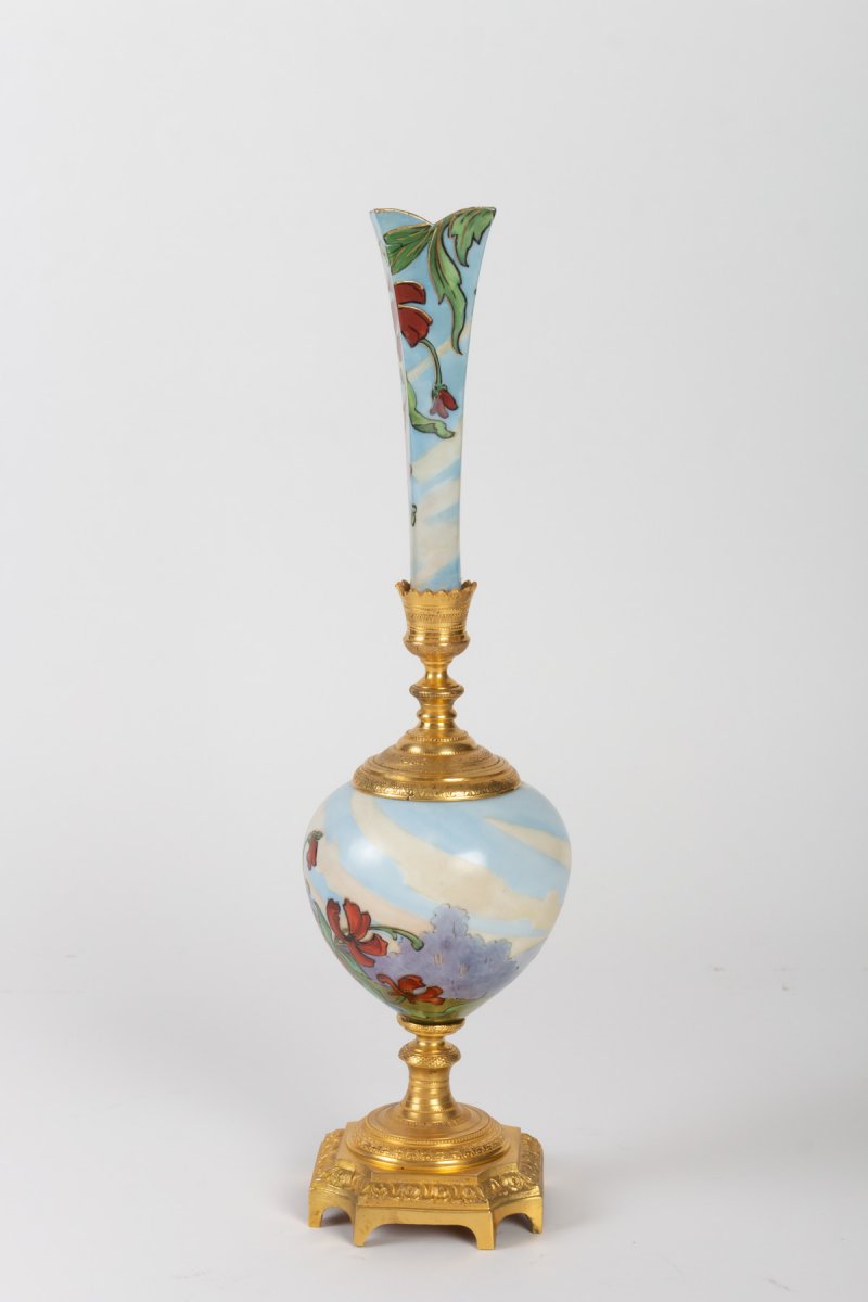 Art Nouveau Soliflore Vase, Decorated With Women And Flowers, 1900s-photo-3