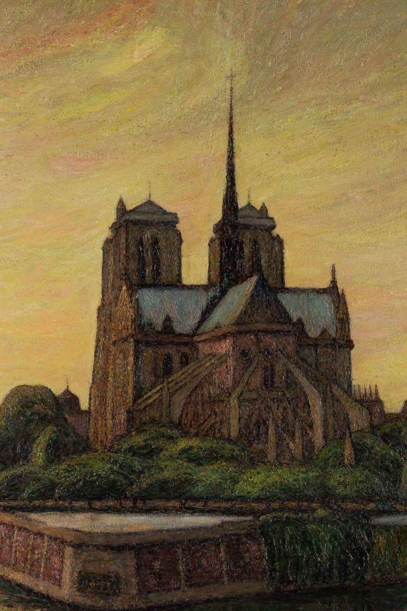 Oil On Canvas Representing Notre-dame De Paris Between The Quays Of The Seine And The Vegetation-photo-3