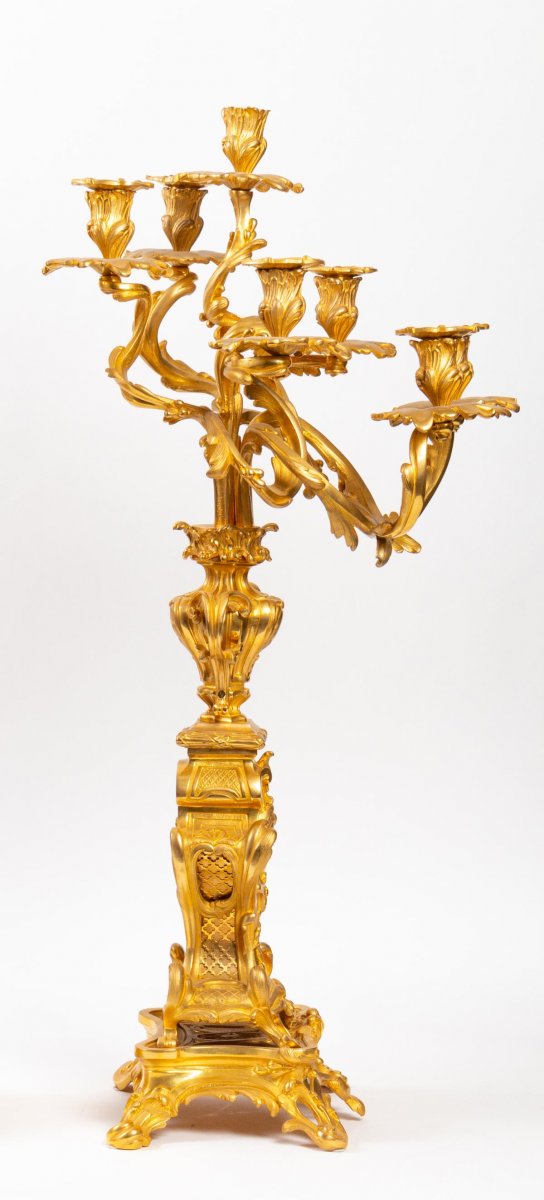 Pair Of Candelabra In Gilt Bronze Louis XV Style, Napoleon III Period.-photo-2