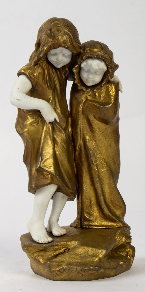 Figurine Mednat, En Régule Et Biscuit Représentant Deux Fillettes, époque XIX ème