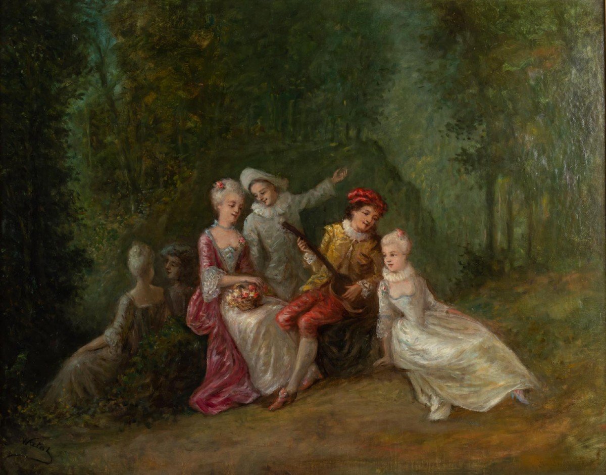 Huile sur toile scène d'après Watteau fin XIXème siècle -photo-4