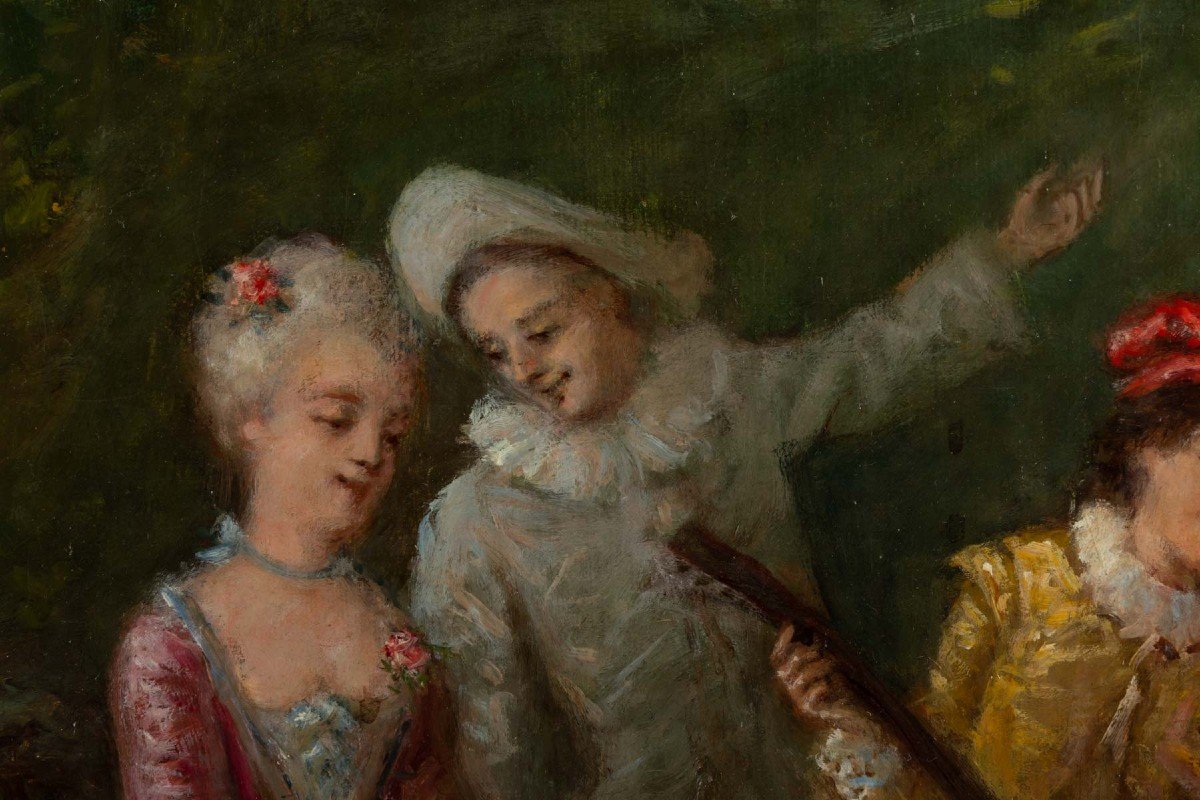 Huile sur toile scène d'après Watteau fin XIXème siècle -photo-2