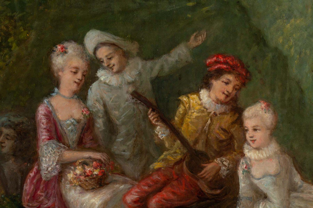Huile sur toile scène d'après Watteau fin XIXème siècle -photo-5