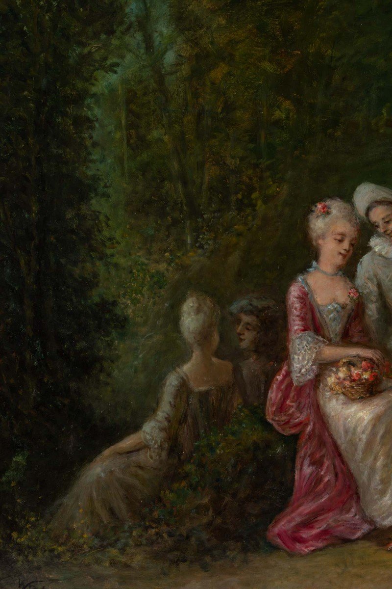 Huile sur toile scène d'après Watteau fin XIXème siècle -photo-6