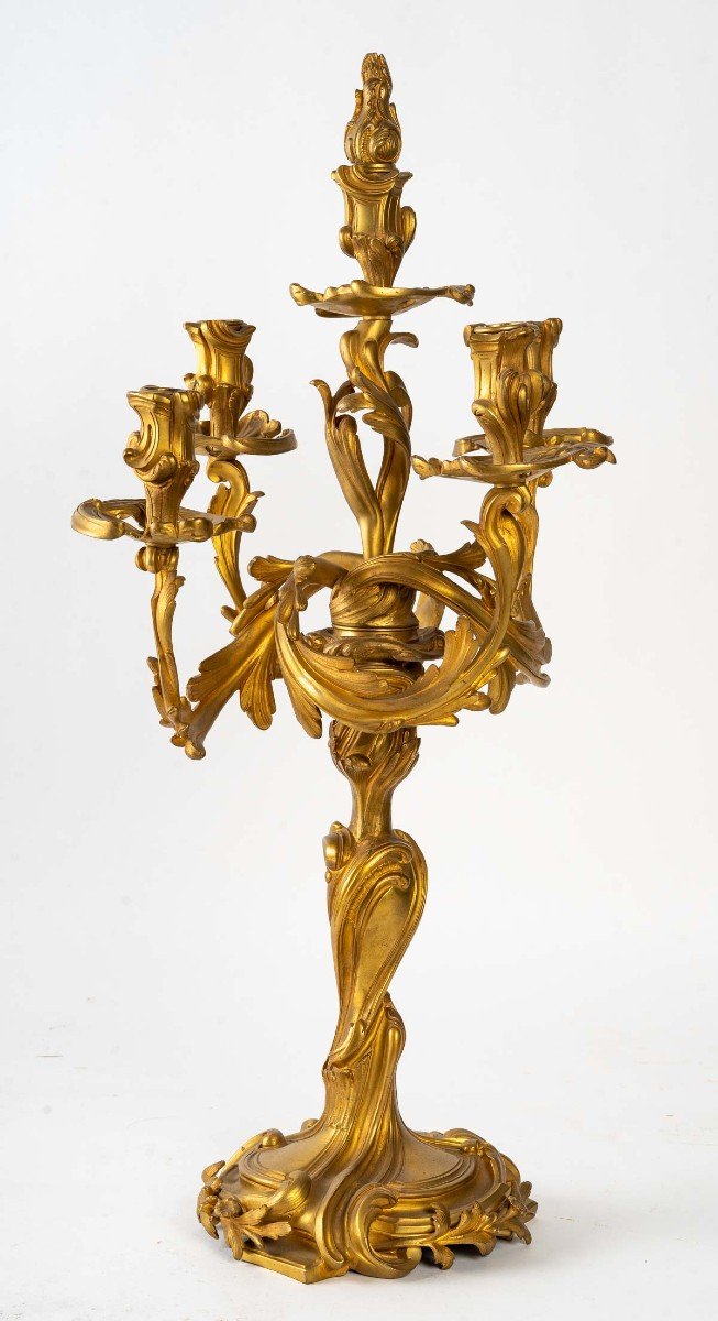 Paire De Candelabre En Bronze Dore Style Louis XV, XIXème Siècle -photo-1