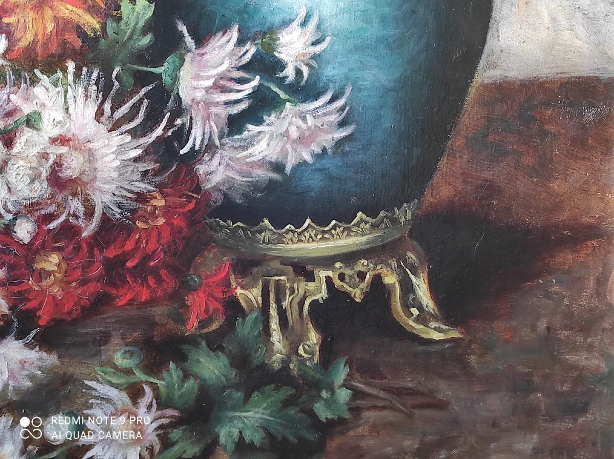 Tableau huile sur toile  des CHRYSANTHEMES  fin XIXème siècle -photo-4