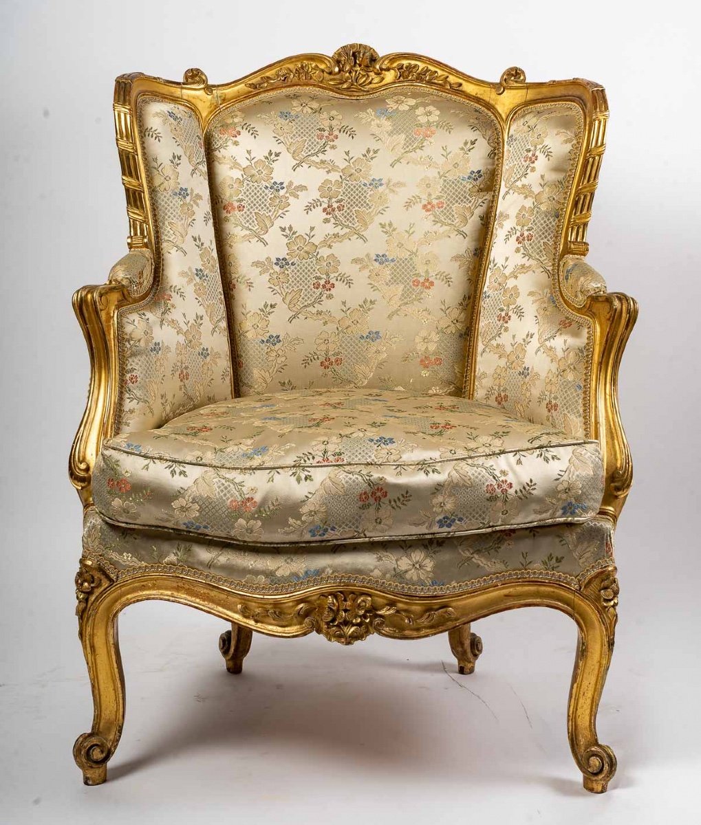 Paire De Bergères En Bois Doré De Style Louis XV, Fin XIXème Siècle -photo-2