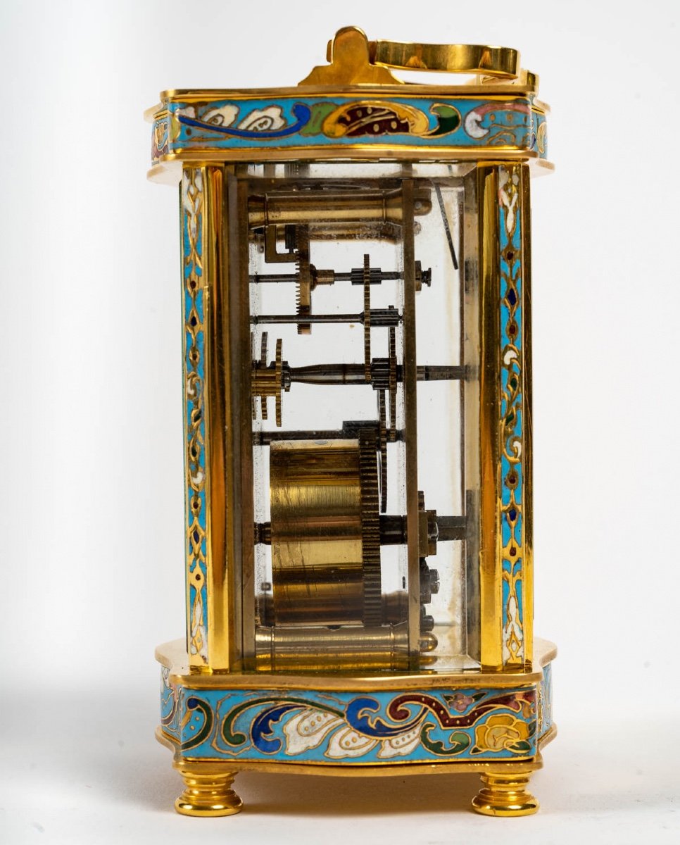 Petite Pendule De Voyage En Bronze Et émail Cloisonné Fin XIXème Siècle -photo-4