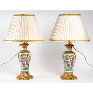 Paire De Lampes En Porcelaine Chinoise Et Bronze Doré Fin XIXème Siècle 