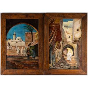 Pair Of Orientalist Paintings Oil On Mahogany Panels XXth Century