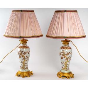 Paire De Vases En Porcelaine Montée Lampe Fin XIXème Siècle