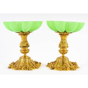 A Pair Of Charles Dix Green Opaline Cups