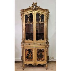 Vitrine En Bois Doré Et Vernis Martin Fin XIXème Siècle 