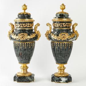 Pair Of Cassolettes In Green Marble And Gilt Bronze 19th Century