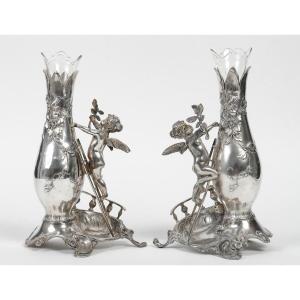 A Pair Of Vases Soliflore In Silver Metal From The 20th Century