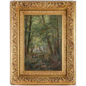 Huile Sur Toile de Joseph Caron Vue De Sous-bois Encadré Fin XIXème Siècle 