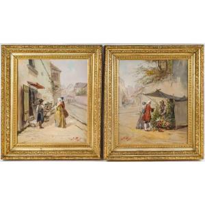 Paire De Tableaux Huile Sur Toile Encadré Début XXème Siècle 