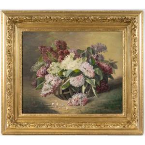 Un tableau de fleurs, Hortensia  fin XIXème siècle 