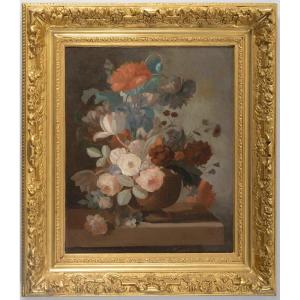 Nature Morte Aux Fleurs - Oil On Canvas, French School Of The XIXᵉ Century