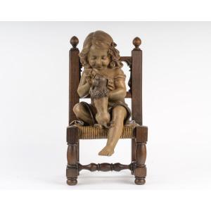 Art Nouveau Terracotta Sculpture - Young Girl With Little Dog