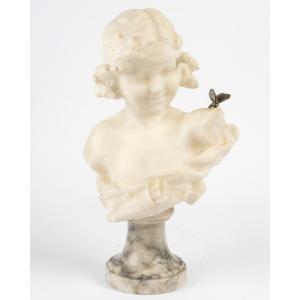 Alabaster Bust Of A Young Girl With A Butterfly, By Auguste Carli