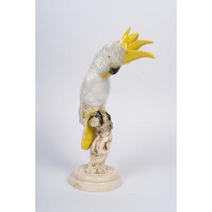 Polychrome Ceramic Cockatoo Sculpture By Carrieri – Mid-20th Century
