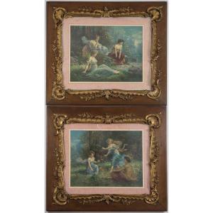 Pair Of Hand-colored Engravings Enhanced With Watercolor Napoleonic III Era, Circa 1860–1870