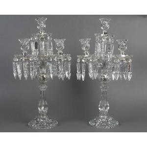 Pair Of Five-light Crystal Chandeliers Made Of Molded Crystal, France, 20th Century