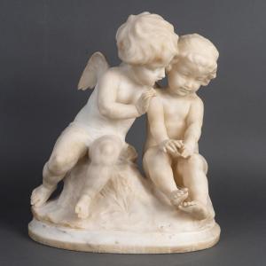 Alabaster Sculptural Group Depicting Two Winged Cupids Late 19th – Early 20th Century