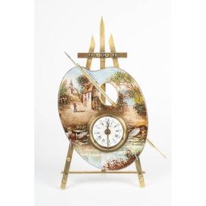 Art Nouveau Painter's Palette Clock, Porcelain And Gilded Bronze, Circa 1900