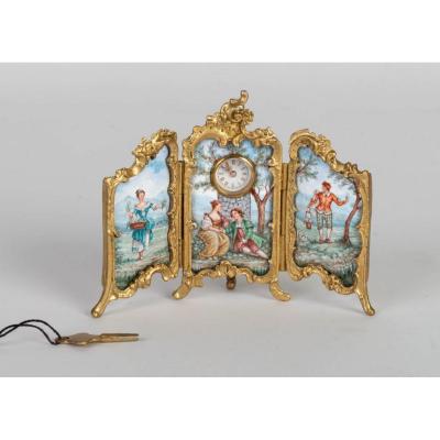 Miniature Paravent-pendulum Painted Enamel XIXth Century