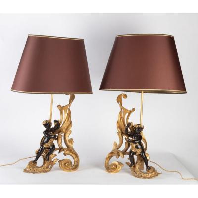 Pair Of Andirons Mounted In Lamps Nineteenth Time