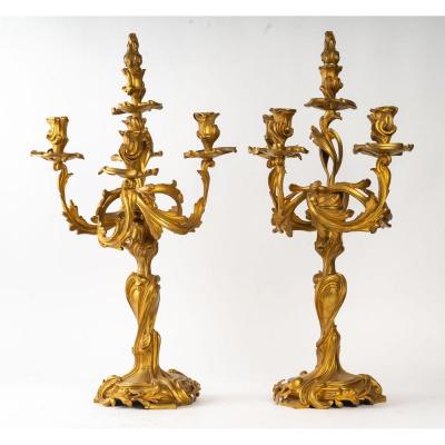 Paire De Candelabre En Bronze Dore Style Louis XV, XIXème Siècle 