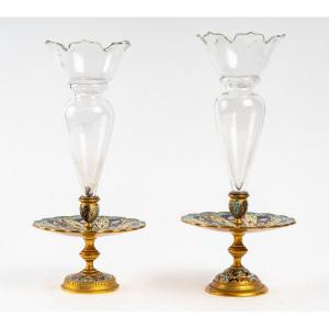 Paire De Coupe En Cristal Avec Base En Bronze Doré Et émail Cloisonné Fin XIXème Siècle 