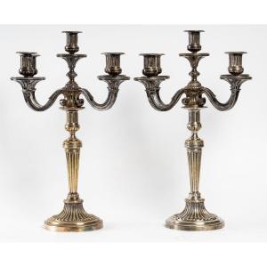 Pair Of Candlesticks In Silver Metal Late Nineteenth Century