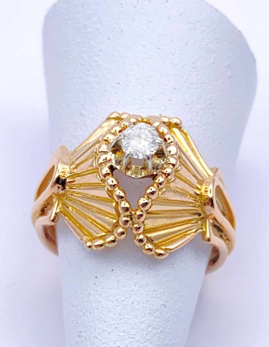 Vintage Draped Gold & Diamond Solitaire Ring-photo-3